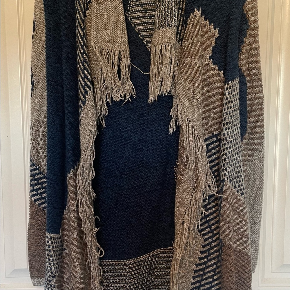 Cato Navy and Brown Fringed Cardigan